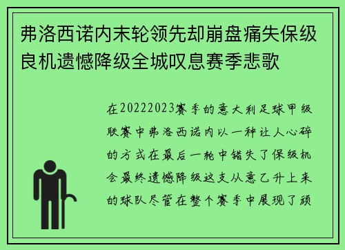 弗洛西诺内末轮领先却崩盘痛失保级良机遗憾降级全城叹息赛季悲歌